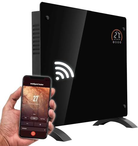 Baridi Electric Glass Panel Heater, 1000W, Thermostat Controlled 24Hr 7 Day Timer, Wi-Fi Enabled, Remote Control, Black - DH135