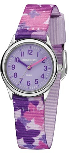 JACQUES FAREL Kinder-Armbanduhr Lernuhr Mädchen Analog Quarz mit Textilband Schmetterlinge Lila Rosa Violett HCC 3142