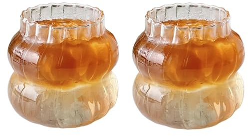 KWQBHW Juego de 2 vasos de vidrio acanalado de 14 onzas, vasos ondulados vintage con forma de onda, vasos de café helado, vasos de bebidas para cóctel, bebidas, jugo, leche