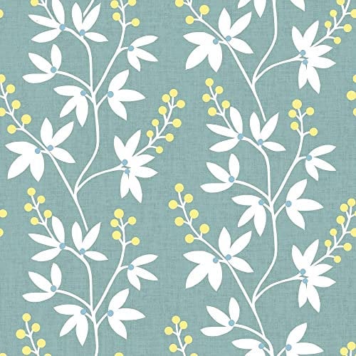 Simplistic Flower Print Teal Wallpaper - Floral Yellow Plants Naturistic - Modern Paste The Wall Contemporary