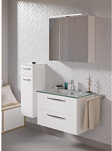 Lomadox Badmöbel Set Badezimmer mit Waschtisch Glaswaschbecken Spiegelschrank Unterschrank in weiß Glanz, B/H/T: ca. 122/200/50 cm
