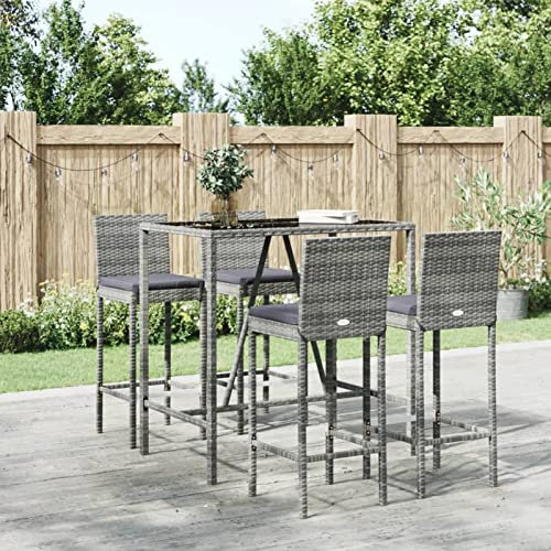 Yolola Gartenbar Set 5-TLG Garten Bartisch Set Theke Bar Tresen Gartentheke Bartisch Stehtisch Barhocker Barstuhl Gartenmöbel Garten Sitzgruppe Rattan Grau