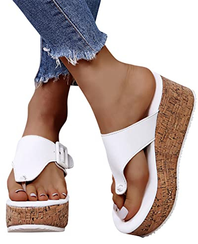 Keilabsatz Schuhe Damen Sommer rutschfest Plateau Schuhe Bequem mit Fussbett Latschen Zehentrenner Sandalen Elegant Sommer Keilabsatz Sommerschuhe Zehensandalen Weiß Pantoletten Flip Flops