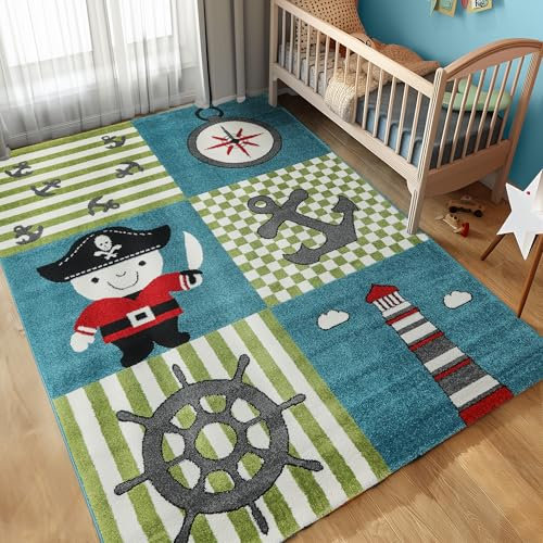 Carpettex Kinderteppich Pirat Design Multicolor 160 cm Rund - Kurzflor Teppich Kinderzimmer für Mädchen und Jungen Pflegeleicht Weich - Waschbarer Spielteppich Babyteppich Gaming Teppich Babyzimmer