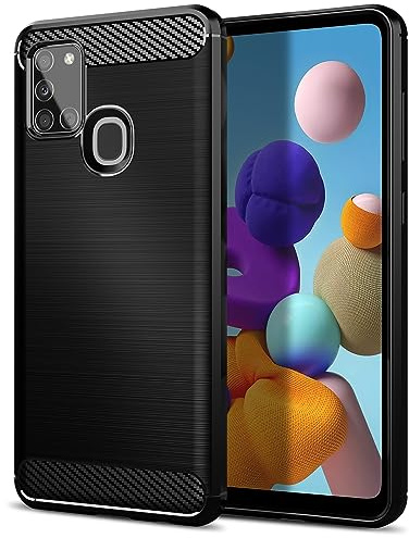 Qiinogow Case for Samsung Galaxy A21s, Slim Fit Phone Cover, Black | Shock-Absorption, Anti-Slip,Anti-Fingerprint, Soft TPU, Carbon Fiber Textures, Rubber Protective