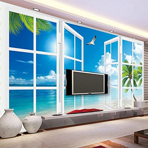 HAN MAN XIU Papier peint murale 3D autocollant pvc peinture murale fenêtre vue océan salon chambre décoration papier peint