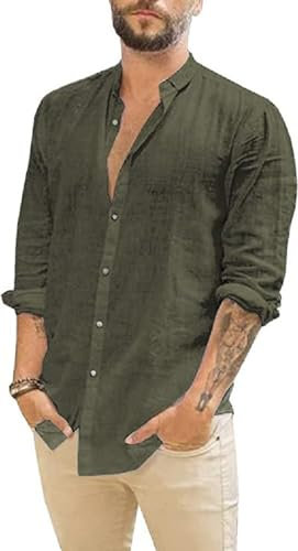Friptspyg Uomo Camicia Lino Cotone a Maniche Lunghe Casual Camicia da Spiaggia vestibilità Regolare Camicie Estive, Verde Oliva L