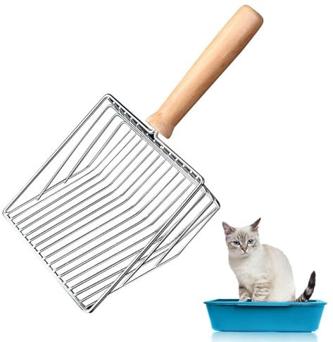 MisFun Pala Arenero Gato, Pala de Arena para Mascotas, Pala Recoge Cacas Gato, Pala Arena Gatos con Mango de Madera, Cat Litter Shovel, Pala de Metal para Mascotas, para Mascota(Plata)