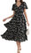 Damen Übergröße Lockere Passform Strandkleid Ladies Geraffte Hohe Taille Kurzarm Blumenkleid Vintage Mittelalter Kleid XL Weiße Blumen-Schwarz