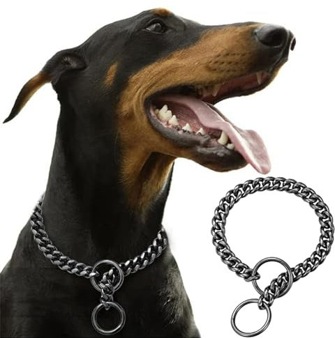 Hundehalsband, P-Ketten, 10 mm breit, massive kubanische Gliederkette, Edelstahl, Metallglieder, Laufsport, Trainingshalsband für Hunde (35,6 cm, Schwarz)