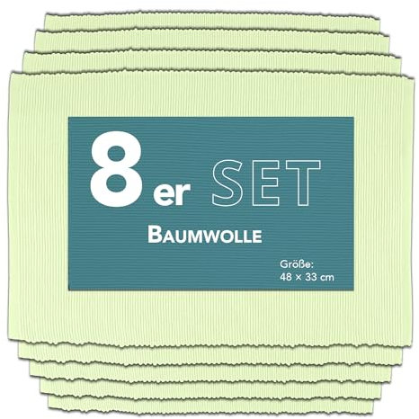 Como Platzmatte 8er Set hellgrün, Platzset aus Baumwolle, strapazierfähig, hitzebeständig, abwaschbar, rutschfest, Platzdeckchen 48x33 cm