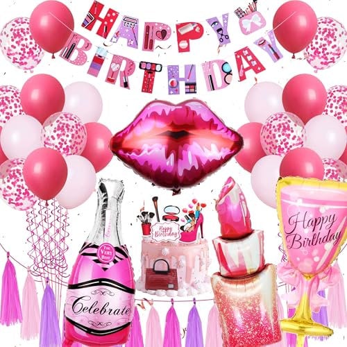 Xietaea Spa Party Zubehör Mädchen - Make Up Geburtstagsdeko, Happy Birthday Banner Lippenstift Luftballon Lippen Ballons Schminke Tortendeko und Quasten Girlande, Makeup Geburtstags Deko für Frauen