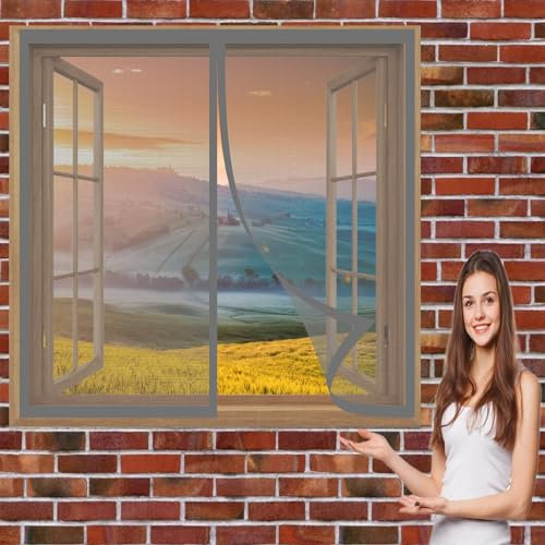 Kit Zanzariera per Finestra Grande 152 x 102 cm Resistente Alle Intemperie Rete Circolazione Dell'Aria Naturale Autoadesivo Zanzariera Zanzariere per Finestre per Finestre Schermo, Grigio