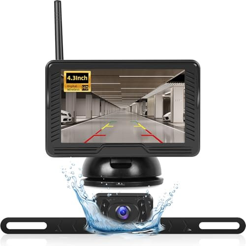 NHOPEEW 4.3'' Kit Telecamera di Retromarcia Senza fili con monitor IPS da 4,3 pollici - Telecamera di Retromarcia Impermeabile IP69 con Visione Notturna per Auto Camion Camper e Rimorchi