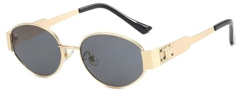 Retro Oval Sonnenbrille für Damen Herren, Vintage Ovale Hippie Brille Metallrahmen UV400 Schutz Runde Sonnenbrillen Sunglasses Sonnenbrille für Für Reisen, Selfie, Strand, Sommer, Alltag (Gold Grau)