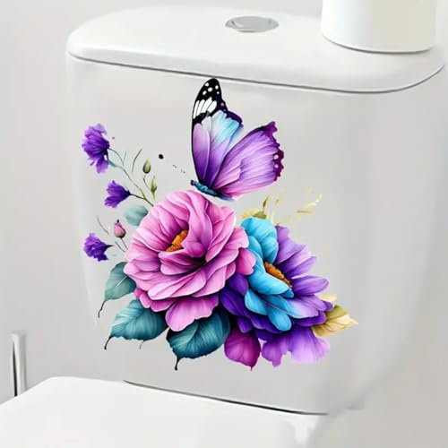 Butterfly Rose Flower Leaf Toilet Cover Sticker Decals Waterproof Toilet Lid Tank Seat Decals Cistern Self-Adhesive Bathroom Wall Sticker