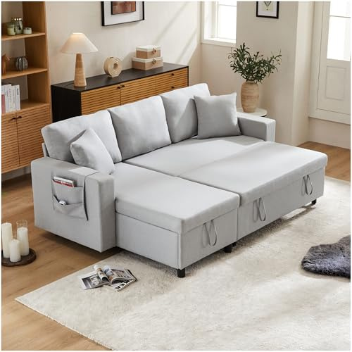 Sapgaks Ecksofa, ausziehbar, mit Getränkehalter, L-förmiges Sofa mit Stauraum, Sofa, Bett, Polstermöbel, modernes Design, austauschbar links und rechts (hellgrau)