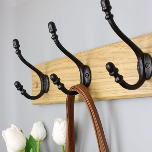 Handcrafted Solid Oak Coat Rack with Cast Iron Satin Black Hooks 900mm - 6 Hooks