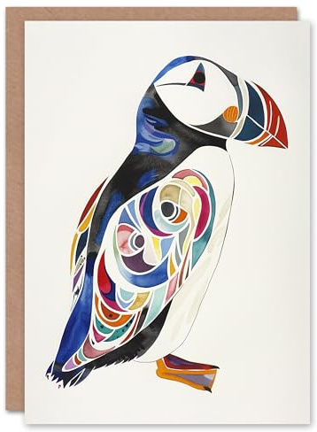 Artery8 Puffin Bird Bright Colourful Pattern Folk Art Blank For Him Or Her Art Birthday Card
