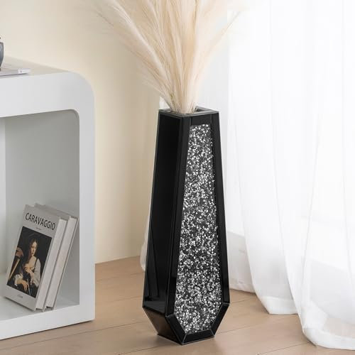 SHYFOY Jarrón alto grande de 61 cm, diseño moderno de interior plateado con diamante de cristal y espejo para decoración de suelo de sala de estar, color negro