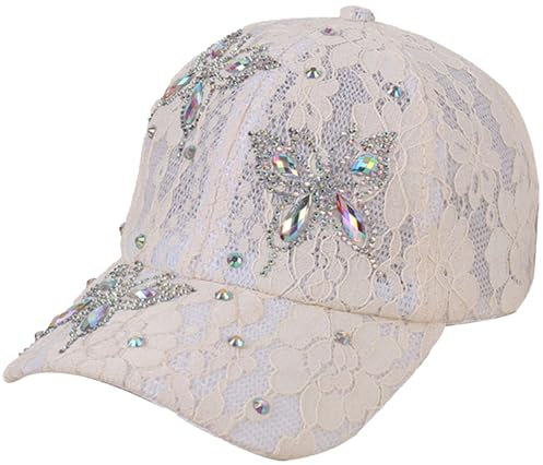 Damen-Baseballkappe mit Strasssteinen, Pailletten, Sonnenblende, Sommer, Netzstoff, Diamanten, Schmetterling, Spitze, kleine Blumenkappe, A-beige, Medium