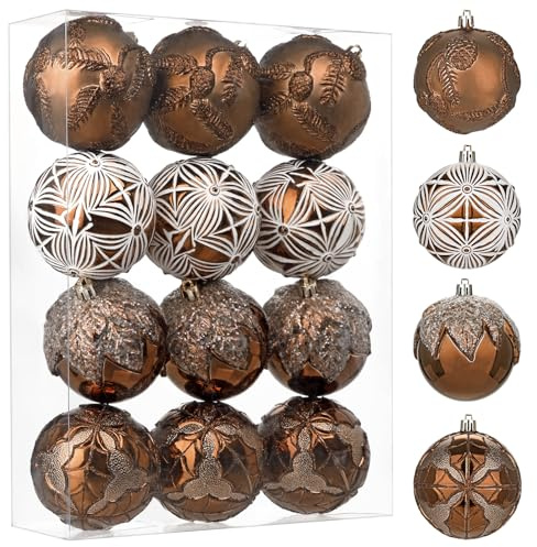 12 Stück 3D-Relief Weihnachtskugeln Christbaumschmuck Kunststoff Christbaumkugeln Weihnachtsdeko Weihnachtsbaum Dekoration Set Weihnachtsdeko mit Aufhänger Glänzend