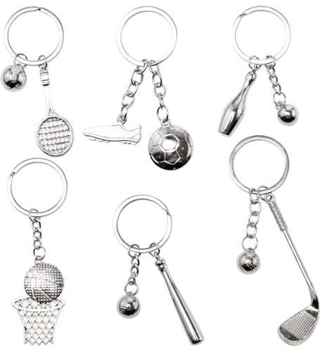 Bofanze Ball Spiel Schlüsselanhänger 6 Pcs Metall Fußball, Bowling Pins, Baseball, Golfschläger, Tennis Schläger, Basketball Schlüsselanhänger Kreativer Sport Style Schlüssel Anhänger für Sport Fans