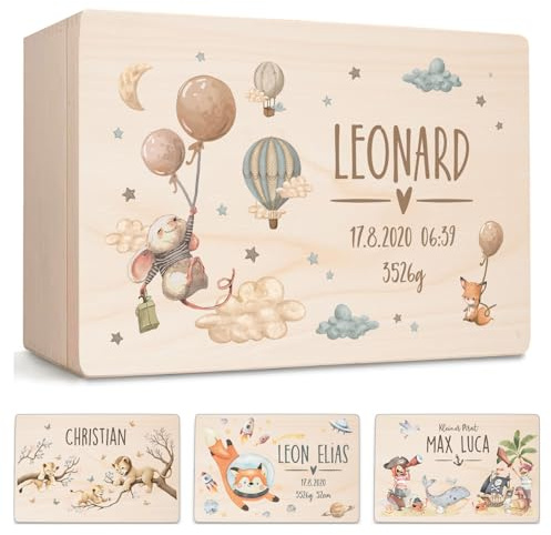 Little Deco Erinnerungskiste Baby personalisiert Maus mit Ballon | 40 x 30 x 22 cm | Erinnerungsbox Holzkiste Geschenk zur Geburt Taufe Aufbewahrungsbox für Jungen & Mädchen XHL1054-5-L