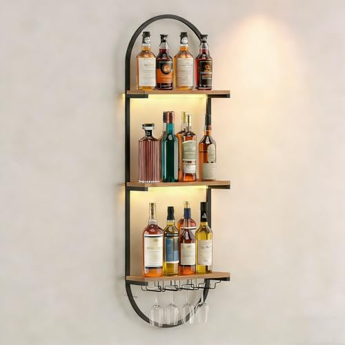 RAJYQODIS Weinregal Wand aus Metall, schwarzes schwebendes Industrieregal, 3-stufiger Wandmontage Wine Display-Ständer, für Hausbar, Esszimmer, Küche und Wohnzimmer (1)