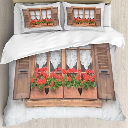 MJNLYDAO Sleeptime 100% Baumwolle Bettwäsche - Bettbezüge mit Reißverschluss - Set mit 2 Kissenbezüge,Druck Alter europäischer Fenster mit Fensterläden und Blumen T.,178x208 cm