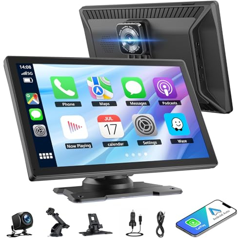 9'' Pulgadas Pantalla Coche, Pantalla de Coche con CarPlay y Android Auto Inalámbricos, Grabadora de conducción Delantera y Trasera 4K+1080P, Bluetooth, Mirror Link, Navegación GPS, FM, AUX, 64G TF