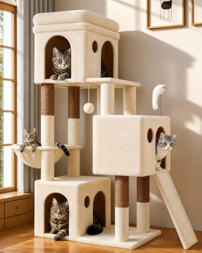 Globlazer F52B Arbre a Chat 3 Niches 40CM Rampe en Sisal pour 3 Chat Chaton | Solide Arbre à Chat avec 3 Niches 40 CM Plateforme Panier Rampe en Sisal Facile à Gravir Tour à Chat pour 2/3 Chats Intérieur