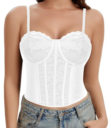 Werkiss Lace Boned Corset Top for Women Going Out Bustier Corset Top with Straps Sexy Overbust Corsets Push Up Crop Tops(White-Satin, M)