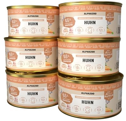 alphazoo Katzenfutter Monoprotein Huhn 6x200g – getreidefrei & proteinreich mit Karotte, Lachsöl & Katzenminze – Für Vitalität, glänzendes Fell & gesunde Verdauung - Made in Germany