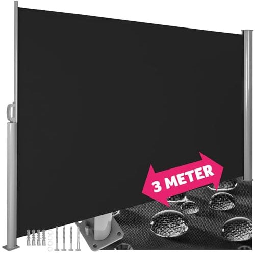 tectake blickdichte Aluminium Seitenmarkise, Wind- und Sichtschutz für Balkon, Garten und Terrasse, ausziehbare Markise für einen Balkon Sichtschutz - 200 x 300 cm, schwarz