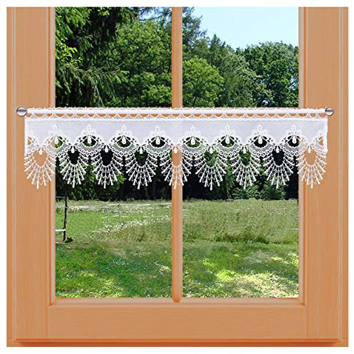 Feenhaus-Scheibengardine Nastja aus Vogtländischer Spitze - Landhaus-Scheibenhänger mit Fächerspitze weiß | klassische Spitzengardine handgefertigt | rustikal-moderne Bistro-Gardine HxB 20 x 119 cm