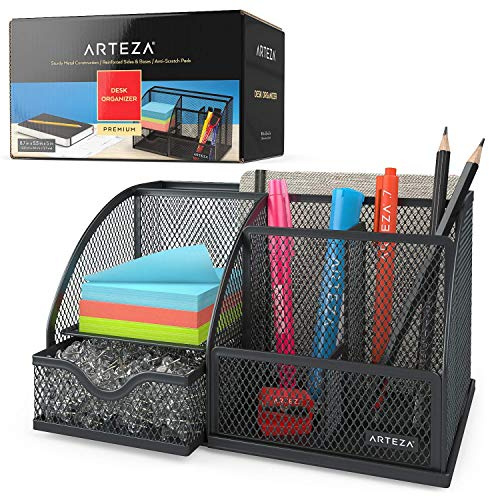 ARTEZA Mesh Schreibtisch Organizer, multifunktionales 6-Fächer-Design, schwarzes pulverbeschichtetes Metall, Organizer für Bürobedarf wie Kugelschreiber, Bleistifte, Notizen, Hefter und Scheren