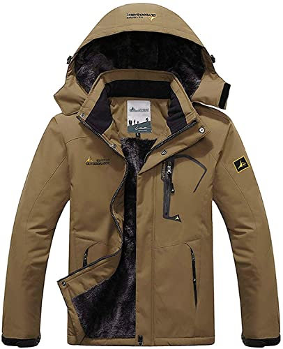 Memoryee Uomo Sci Giacca Pile Fodera Antivento Cappotto Invernale all'aperto Caldi con Cappuccio Staccabile Giacche/Brown/M