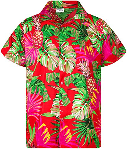 King Kameha Funky Chemise-Hawaienne, Manche-Courte, Pineapple-Leaves, Rouge, 4XL