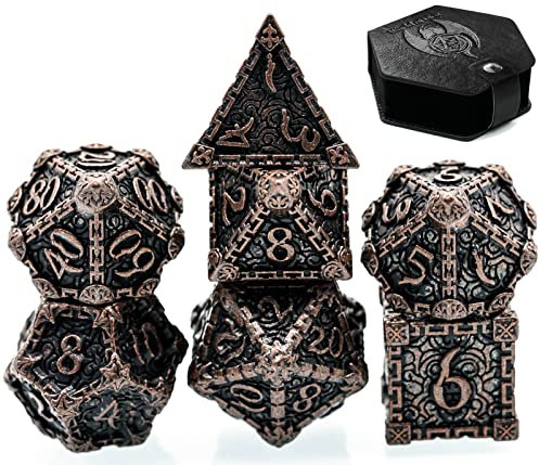 World of Dice - Deadly Dagger Serie - Pen & Paper Metallwürfelset, Würfelset für Dungeons and Dragons, DSA, 7 Würfel, W4 bis W20 (mit Etui, Rustikal Kupferfarben)