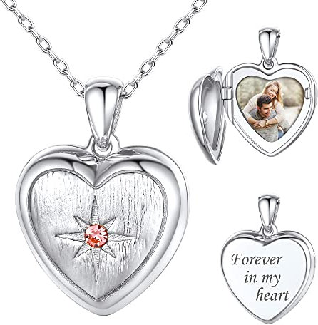 SILVERCUTE Frauen personalisiert Foto Halskette Geburtsstein Herz Anhänger zum Öffnen mit Rolokette 925 Silber Herz Medaillon Photo Bild Amulett Schmuck für Valentinstag Weihnachten
