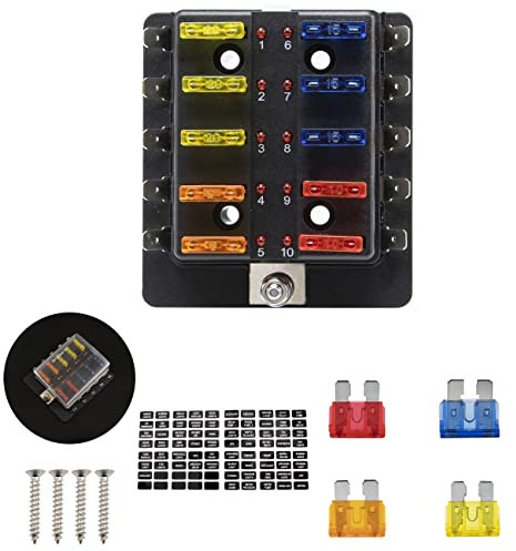 FanPaYY 10 Fach Sicherungshalter, 12V-32V Flachsicherung Sicherungskasten mit Anzeige negativen Schutzabdeckung Bus für KFZ Boot Wohnmobil Van SUV LKW