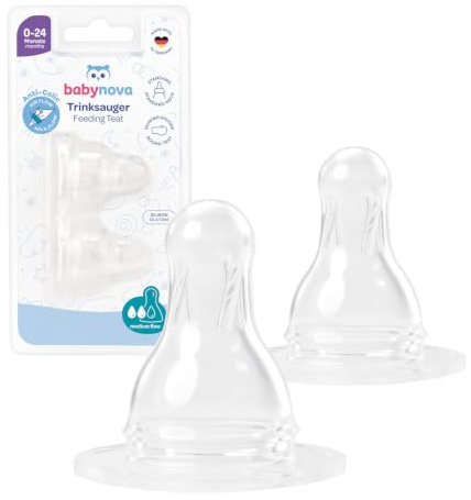 babynova Round Silicone Teat for Standard Neck Baby Bottles - Teat with Anti-Colic Technology - BPA-Free - Made in Germany - Size M (Medium Flow for Milk)