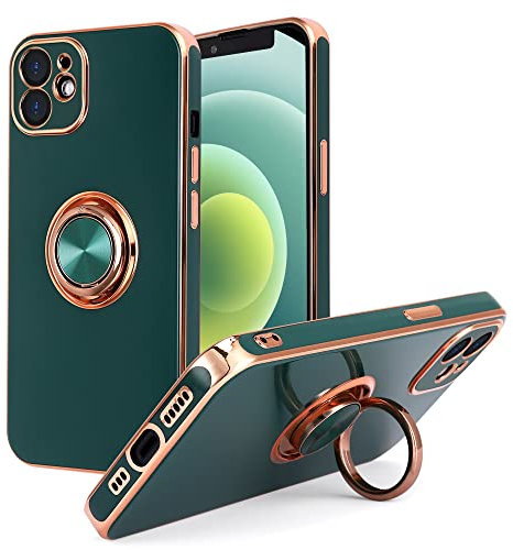 DOGODON Design für iPhone 12 Hülle, Eingebauter 360 ° drehbarer Ringhalter Magnetischer Kickstand Weiches Silikon Ultra Slim Edge Plating Schutzhülle 2020 6,1 Zoll (Dunkelgrün)