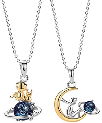 DESHOME Kleiner Prinz Halskette und Fuchs Anhänger für Frauen, 2 Stück 925 Sterling Silber Kleiner Prinz Anhänger Kristall Intarsien Planet, für Paar Halsketten/Valentinstag