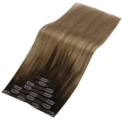 YoungSee Echthaar Extensions Clip Balayage Extensions Echthaar Clip Dunkelbraun mit Blond Clip in Extensions Echthaar 50 cm Clip in Haarverlangerung Echthaar Glatt Extensions Clip in 120g #4/10/16