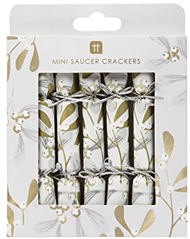 Talking Tables Cute Handmade Saucer Christmas Crackers for with Joke & Conversation Starter-8 Pack Silver and Gold Mistletoe Design | Eco Friendly Xmas Tableware,Recyclable,Mini Size