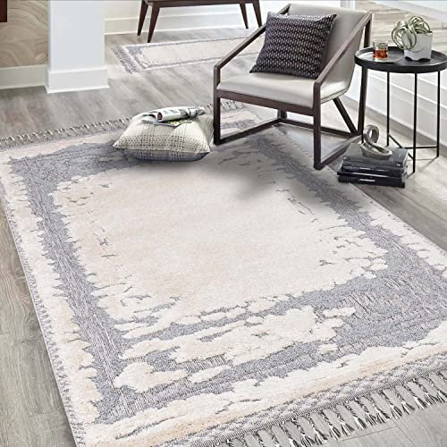 carpet city Teppich Wohnzimmer Boho-Stil Creme, Graublau - 80x150 cm - Abstrakt, Bordüren-Motiv - Relief-Optik, 3D-Effekt - Cut-&Loop, Sisal - Moderne Fransen-Teppiche Schlafzimmer