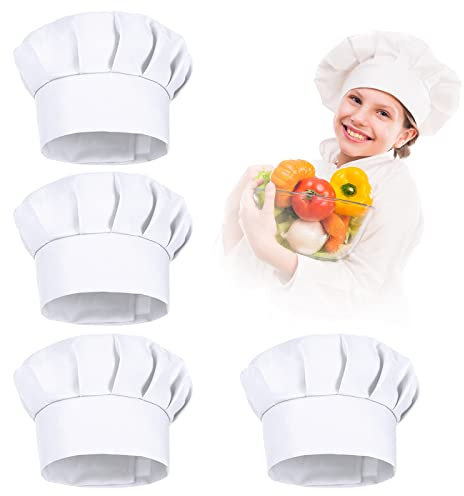 Gorro de cocina infantil de 4 piezas, con cierre de velcro ajustable, 3-10 para cocinar, hornear, gastronomía, casa, cocina, escuela y restaurante (blanco)