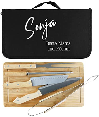 Herz & Heim® Grillbesteckset 7-teilig, inkl. Holzbrettchen und personalisierter Tasche, Verschiedene Motive zur Wahl Name und 2 Zeilen Wunschtext